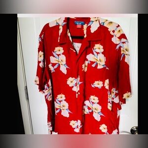 Puritan hawaiian Button Up Shirt Red Floral Rayon‎ Short Sleeve Men's, XL